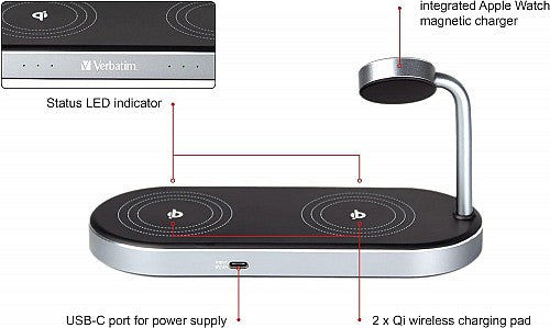 Verbatim WCS-03 3in1 Wireless Charger Qi & MFI Certified for Apple Devices