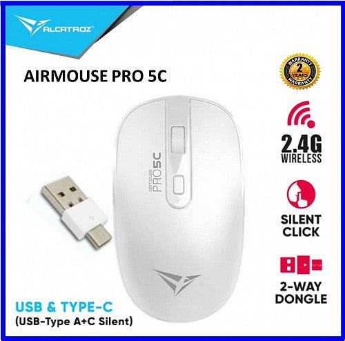 Alcatroz Airmouse Pro 5C Wireless Silent Mouse USB-A & USB-C dongle White