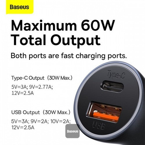 Baseus Car Charger U+C 60W Golden Contactor Max Dark Gray