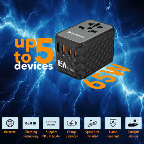 Verbatim Charger Travel Adapter World to World GAN III 65W 2xC 2xA UTA-05