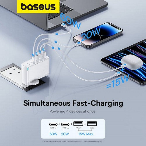 Baseus Charger Wall 100W USB-Cx2/USB-Ax2 UK+100W USB-C Cable White