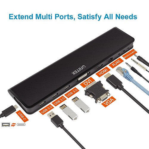 Unitek D001A USB3.1 Docking Hub DisplayLink HDMI/DVI/VGA/Gb/Audio/PSU