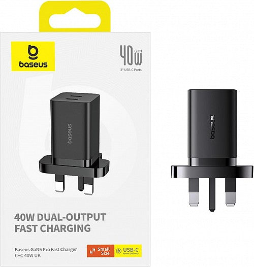 Baseus Charger Wall 40W USB-Cx2 UK MINI GaN5 Black