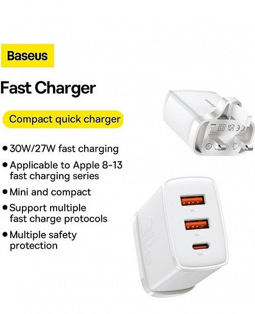 Baseus Charger Wall 30W USB-C/2xUSB-A UK White