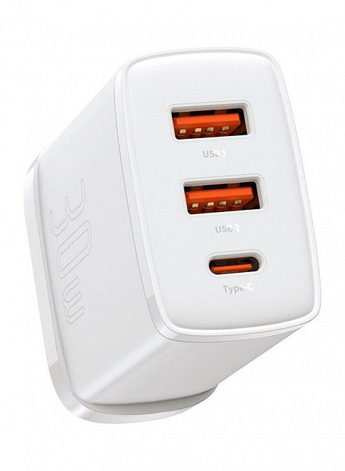 Baseus Charger Wall 30W USB-C/2xUSB-A UK White