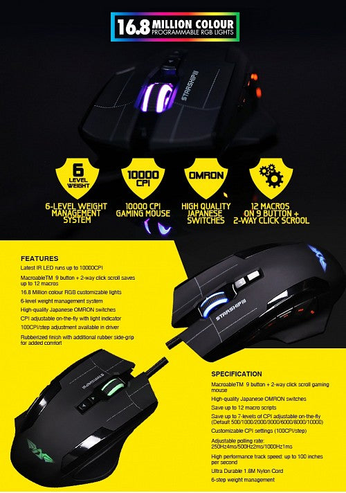 Armaggeddon Starship 3 Soviets Pro-Gaming Mouse 10000CPI Macros RGB Adj.Weight