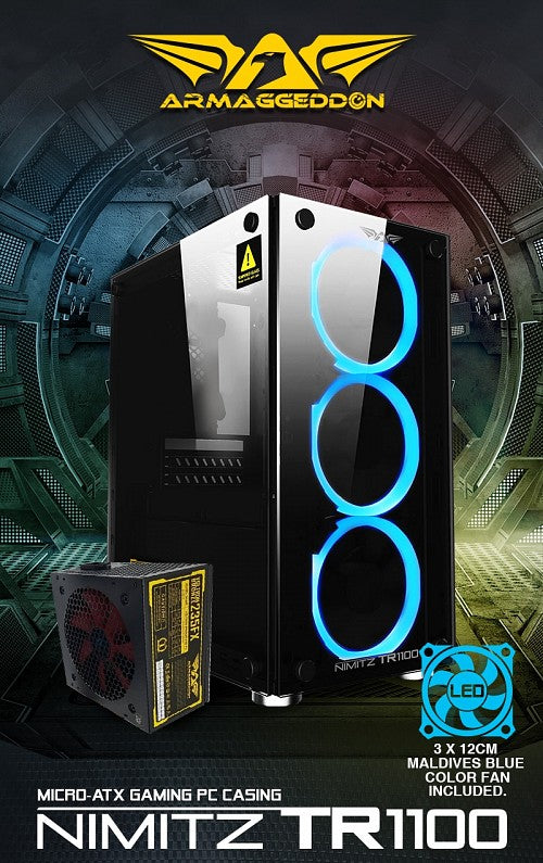 Armaggeddon Nimitz TR-1100 Micro ATX Case with PSU & 3x Blue Fans